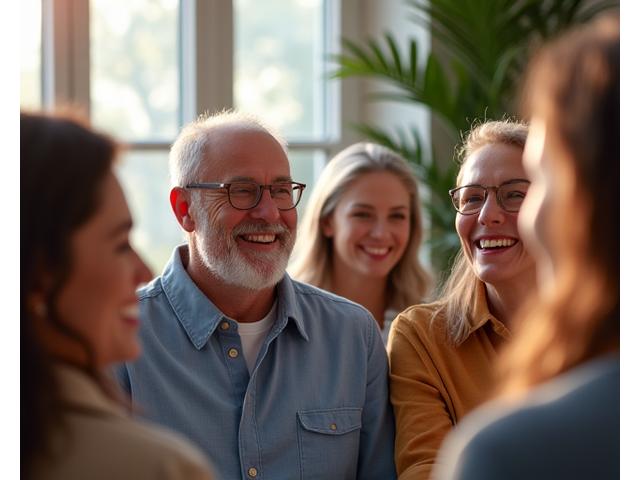 Diverse group of people smiling and interacting in a warm, music-inspired wellness community.